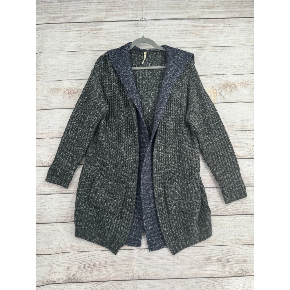 POL Cardigan Women Medium Gray/Blue Trim Hooded Chunky Knit Open Front Pockets